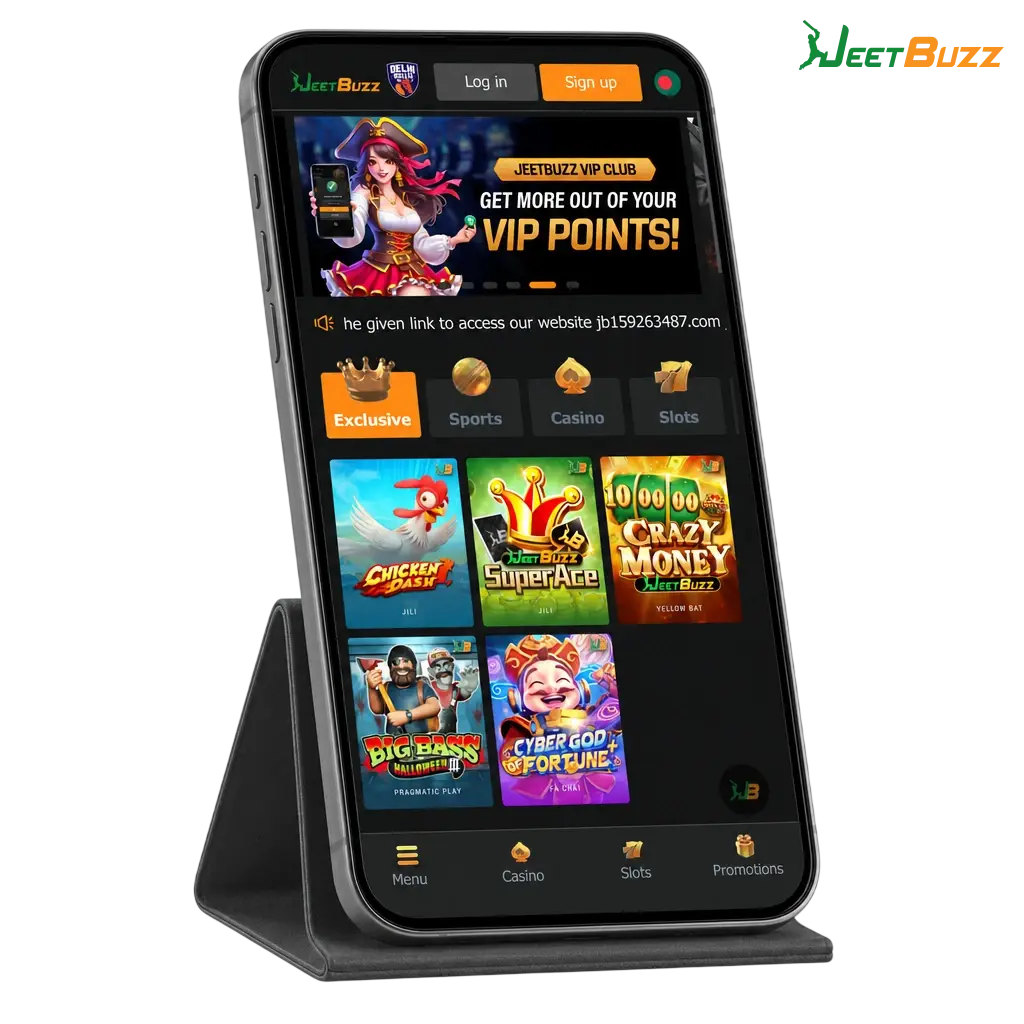 Jeetbuzz mobile app download screen for Android and iOS with sports betting and casino features for Bangladesh players